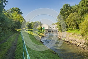 Poland, Lubusz Voivodeship, Zarki Wielkie village, Hydroelectric Plant on Lusatian Neisse River