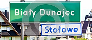 Poland, Malopolska, Stolowe, Bialy Dunajec Polish touristic resort village name road sign up close, detail, nobody. Travel photo