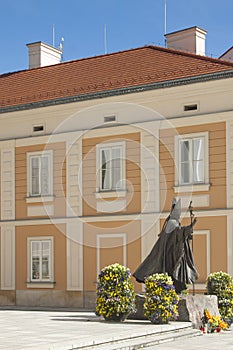 Poland, Malopolska, Wadowice, Market Square, Pope John Paul II Statue