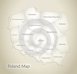 Poland map, administrative division with names, old paper background