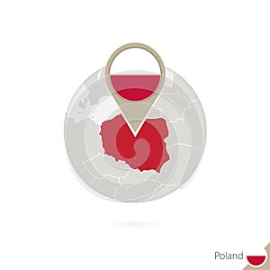 Poland map and flag in circle. Map of Poland, Poland flag pin. M