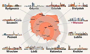 Poland map with main cities skylines. Vector illustration