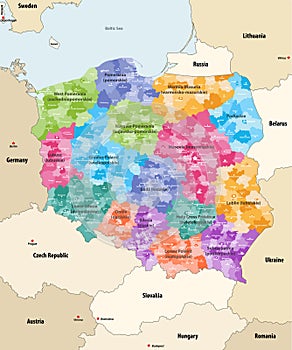 Vector map of Poland administrative divisions colored by provincesknown as voivodeships with neighbouring countries an territori photo