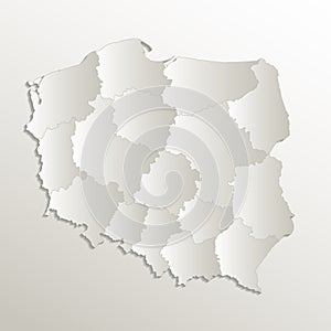 Poland map separates regions and names individual region, card paper 3D natural blank