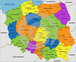 Colorful Poland political map with clearly labeled, separated layers.