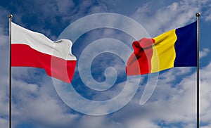 Poland and Romania flags. Blue sky flag Poland and flag Romania. 3D work and 3D image