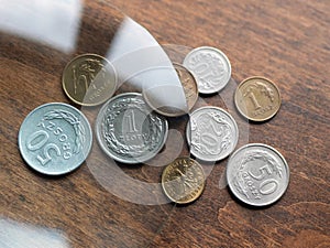 Poland\'s currency, zloty and groszy, under magnifying glass on the wooden table. Local European currencies