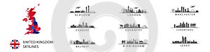 Big cities in Unitted Kingdom, skylines in vector sihouettes photo