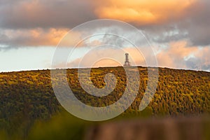 Poland, the Sudetes Mountains, mountain landscape in the Snieznik Massif, an observation tower under construction on top