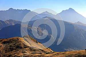 Poland, Tatra Mountains, Zakopane - Pass under Kopa Kondracka, Goryczkowa Czuba, Hruby Wierch, Krywan peaks and High Tatra in