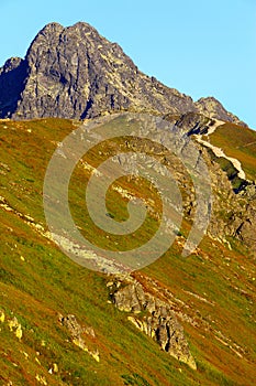 Poland, Tatra Mountains, Zakopane - track to Swinica peak, Przelecz pod Swinica Pass, Liliowe peak with High Tatra mountain range