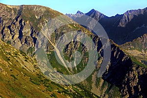 Poland, Tatra Mountains, Zakopane - track to Swinica peak, Przelecz pod Swinica Pass, Liliowe peak with High Tatra mountain range