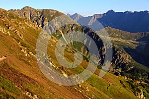 Poland, Tatra Mountains, Zakopane - track to Swinica peak, Przelecz pod Swinica Pass, Liliowe peak with High Tatra mountain range