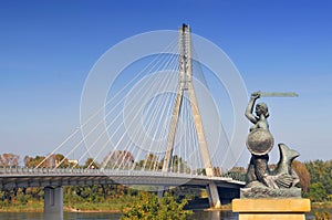 Poland, Warsaw, Warsaw mermaid, Syrenka and Swietokrzyski Bridge