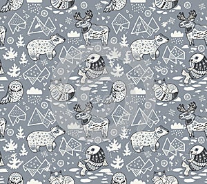 Polar animals seamless pattern on gray background