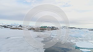 Polar antarctic vernadsky base aerial zoom in