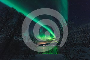 Polar arctic Northern lights aurora borealis sky star in Scandinavia Norway Tromso in the farm winter snow mountains