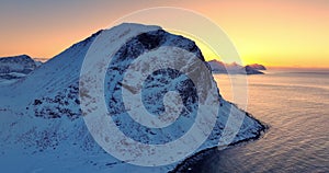 Polar arctic winter landscape of Fredvang mountain, Lofoten islands, Norway