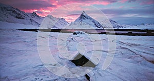 Polar arctic winter landscape of Fredvang mountain, Lofoten islands, Norway