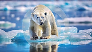 A polar bear in the arctic on an ice shelf