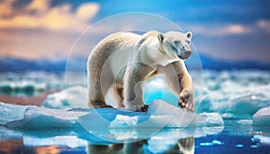 A polar bear in the arctic on an ice shelf