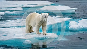 A polar bear in the arctic on an ice shelf