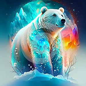 Polar bear on a background of the planet. 3d illustration AI Generated
