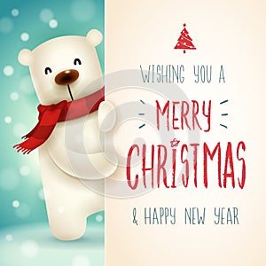 Polar Bear with big signboard. Merry Christmas calligraphy lettering design. Creative typography for holiday greeting.