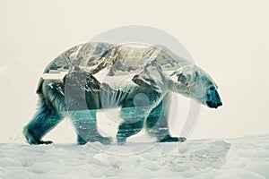 A polar bear blended with the icy landscape of the Arctic in a double exposure