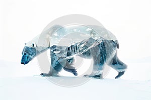 A polar bear blended with the icy landscape of the Arctic in a double exposure