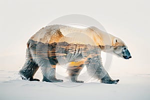 A polar bear blended with the icy landscape of the Arctic in a double exposure