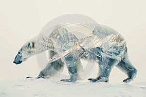 A polar bear blended with the icy landscape of the Arctic in a double exposure