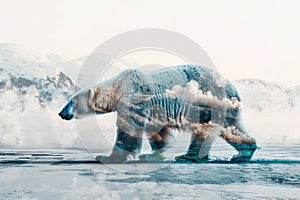 A polar bear blended with the icy landscape of the Arctic in a double exposure