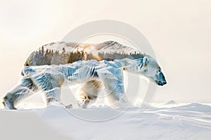 A polar bear blended with the icy landscape of the Arctic in a double exposure