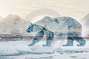 A polar bear blended with the icy landscape of the Arctic in a double exposure