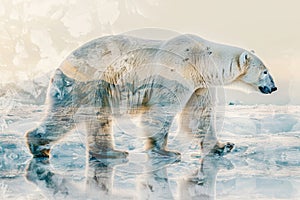 A polar bear blended with the icy landscape of the Arctic in a double exposure