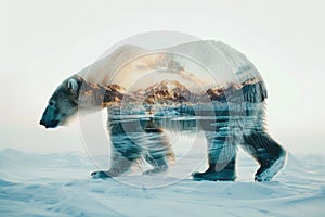 A polar bear blended with the icy landscape of the Arctic in a double exposure