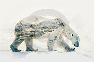 A polar bear blended with the icy landscape of the Arctic in a double exposure