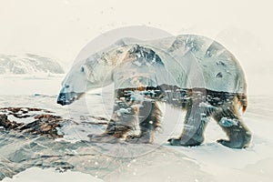 A polar bear blended with the icy landscape of the Arctic in a double exposure