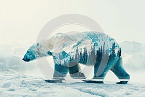 A polar bear blended with the icy landscape of the Arctic in a double exposure