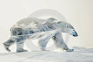 A polar bear blended with the icy landscape of the Arctic in a double exposure