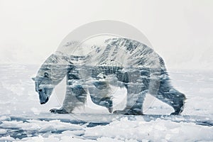 A polar bear blended with the icy landscape of the Arctic in a double exposure