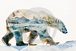 A polar bear blended with the icy landscape of the Arctic in a double exposure