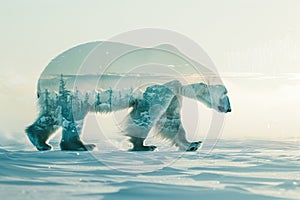 A polar bear blended with the icy landscape of the Arctic in a double exposure