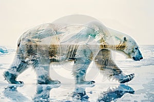 A polar bear blended with the icy landscape of the Arctic in a double exposure