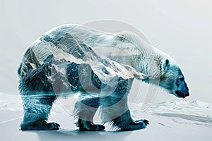 A polar bear blended with the icy landscape of the Arctic in a double exposure