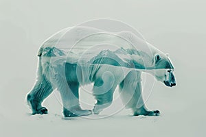 A polar bear blended with the icy landscape of the Arctic in a double exposure