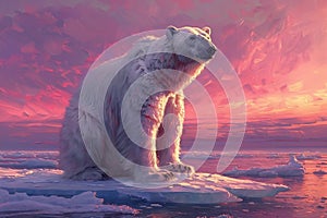 Polar bear, carnivore, sitting on ice in ocean under sky