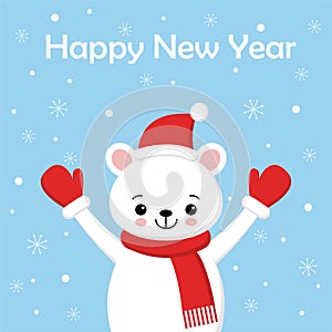 Polar bear cartoon character. A Cute Polar bear wearing Santa Claus hat Vector illustration for Happy New Year invitation card