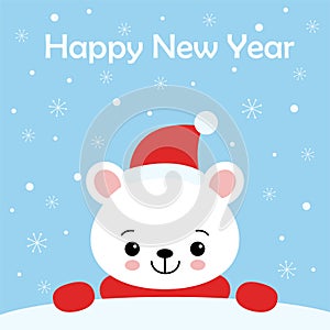 Polar bear cartoon character. A Cute Polar bear wearing Santa Claus hat Vector illustration for Happy New Year invitation card